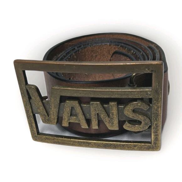 Vintage Vans otw Skater Metal Belt Buckle Vans Leather Belt Brown Embossed Logo - Picture 2 of 7